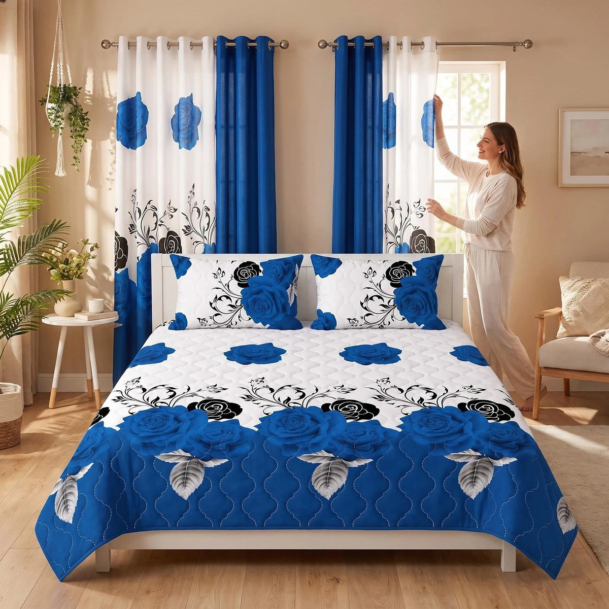Blue & Black Rose Bedspread & Curtain Set – 9 Pieces
