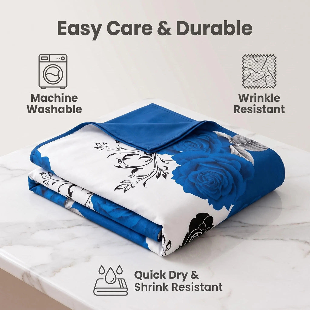 Blue & Black Rose Bedspread & Curtain Set – 9 Pieces