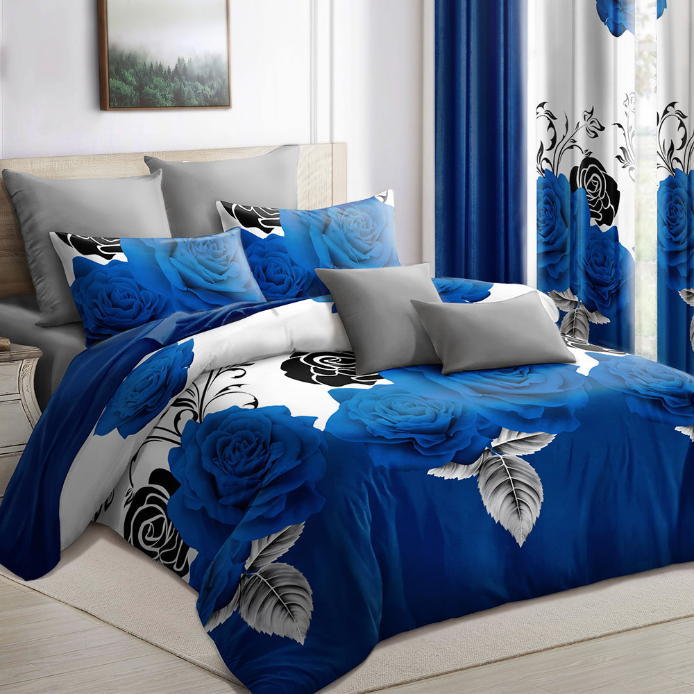 Blue & Black Rose Bedspread & Curtain Set – 9 Pieces