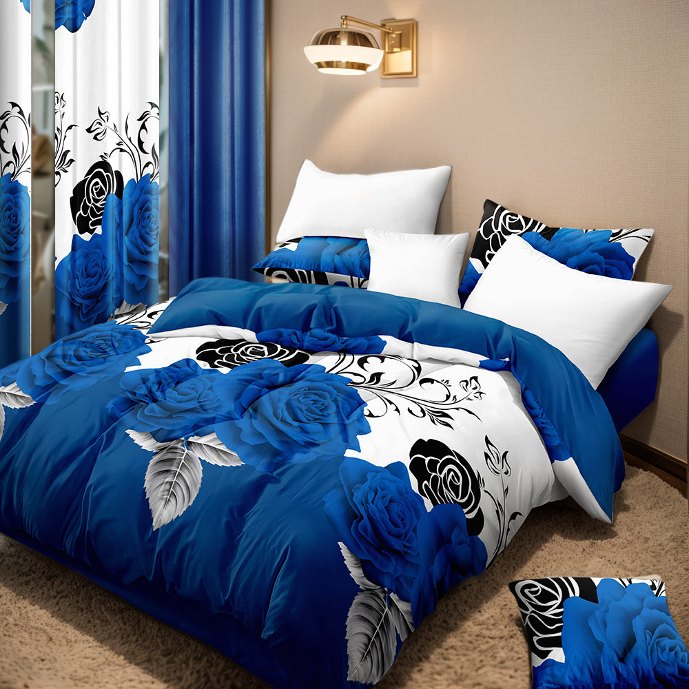 Blue & Black Rose Bedspread & Curtain Set – 9 Pieces