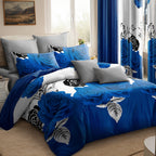 Blue & Black Rose Bedspread & Curtain Set – 9 Pieces