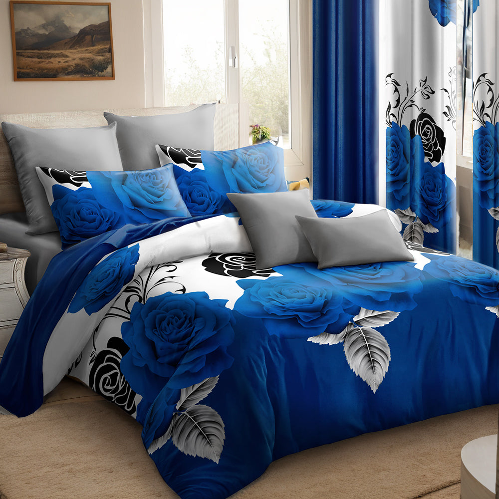 Blue & Black Rose Bedspread & Curtain Set – 9 Pieces