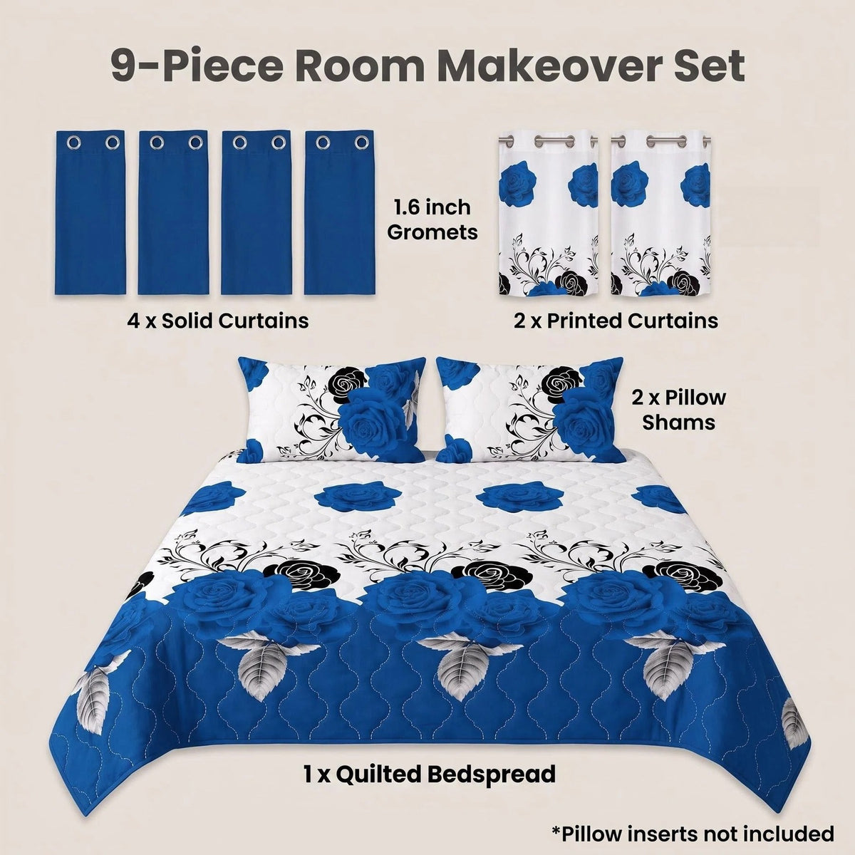 Blue & Black Rose Bedspread & Curtain Set – 9 Pieces