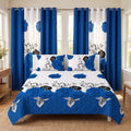 Blue, black, and white rose bedspread and curtain set with matching shams and six curtain panels