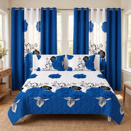 Blue, black, and white rose bedspread and curtain set with matching shams and six curtain panels
