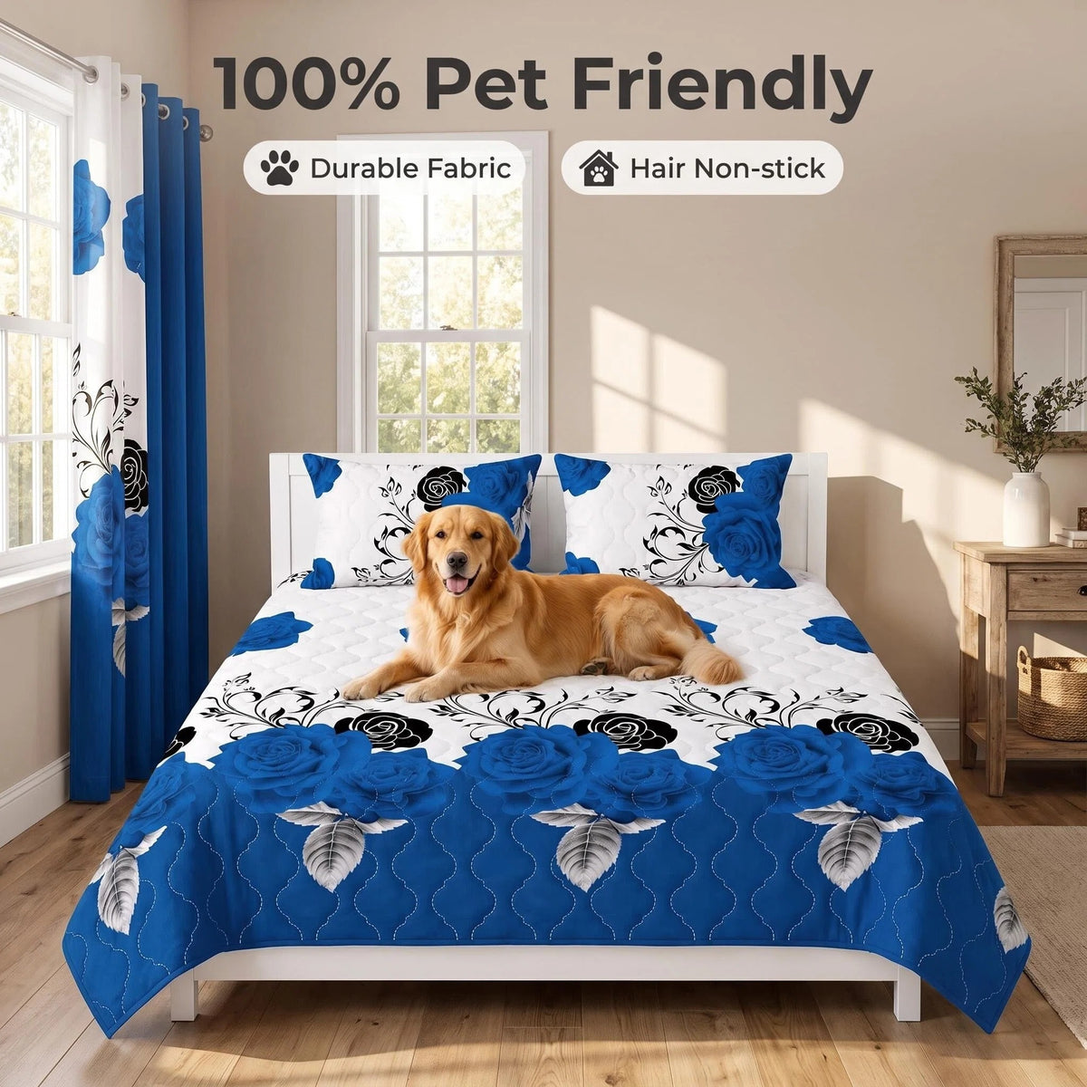 Blue & Black Rose Bedspread & Curtain Set – 9 Pieces