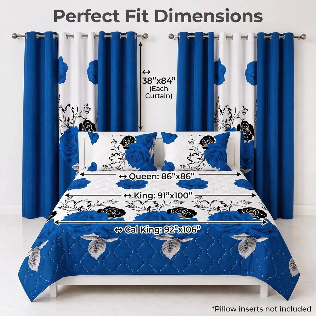 Blue & Black Rose Bedspread & Curtain Set – 9 Pieces