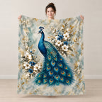 Peacock Garden blanket, 50 × 60 inches — held open to show the finished design; product illustration