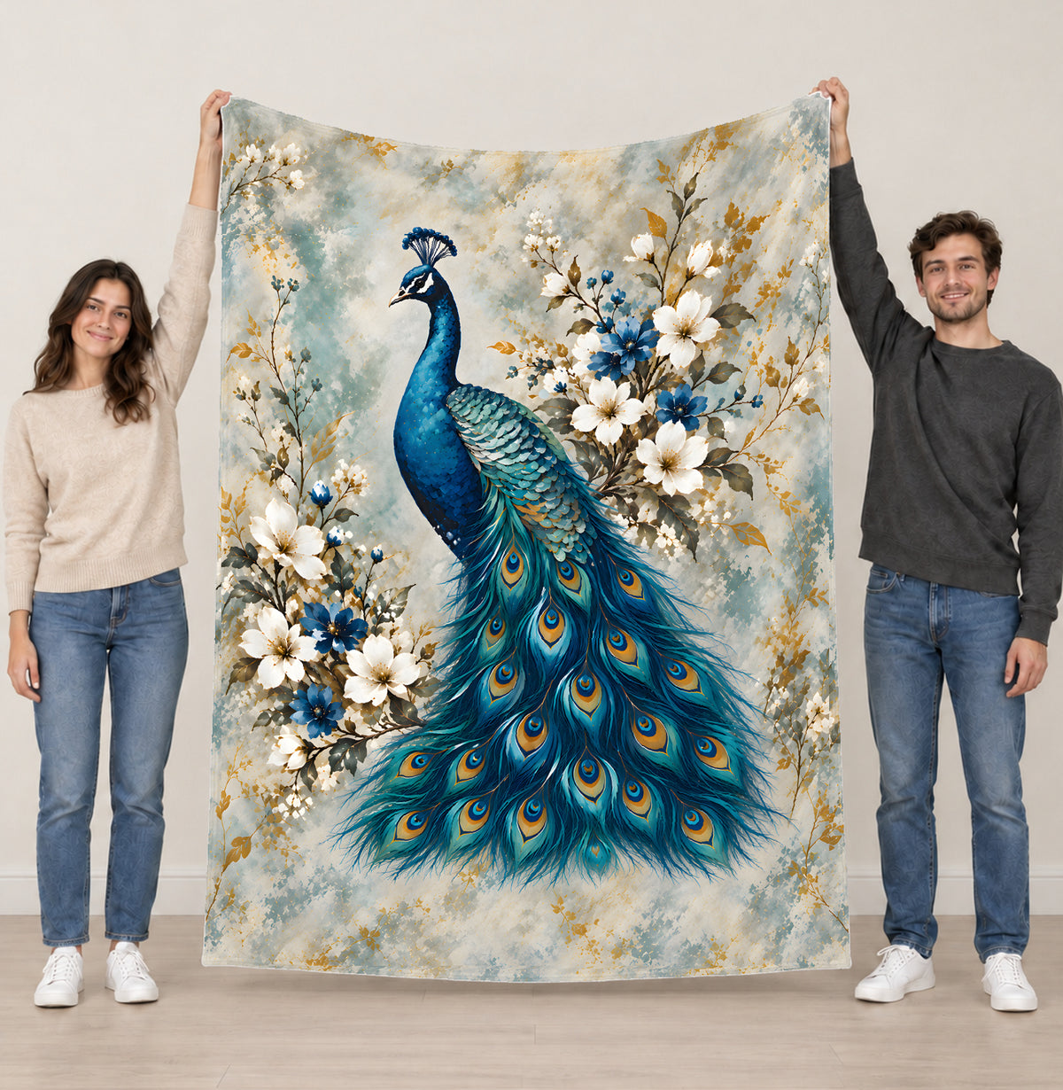 Peacock Garden blanket, 60 × 80 inches — held open to show the finished design; product illustration