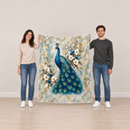 Peacock Garden 50 × 60 inch blanket — two adults holding it open for size reference; product illustration