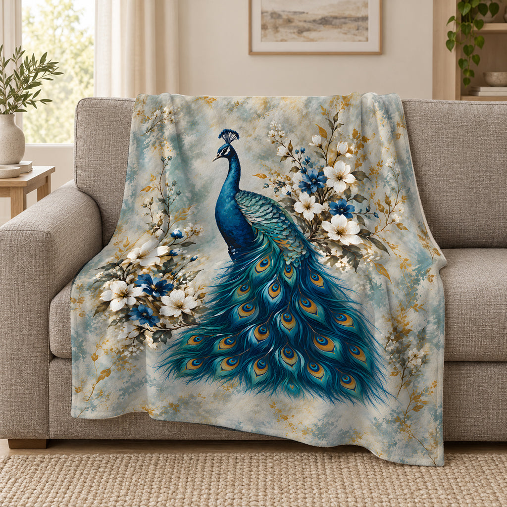 Peacock Garden 50 × 60 inch blanket on a sofa — styling illustration