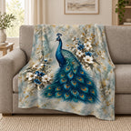 Peacock Garden 50 × 60 inch blanket on a sofa — styling illustration