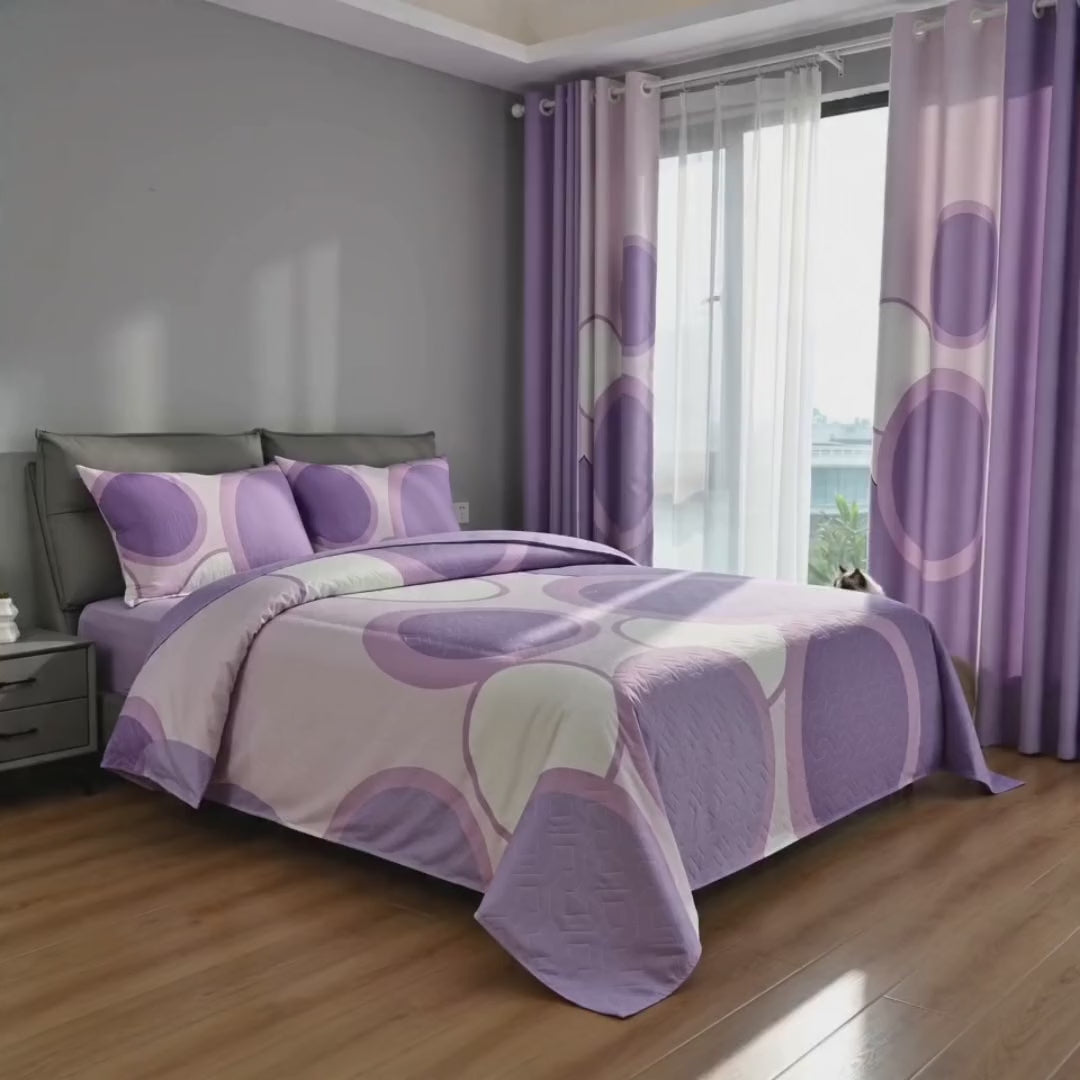 Lavender Geometric Circle Bedspread & Curtain Set – 9 Pieces