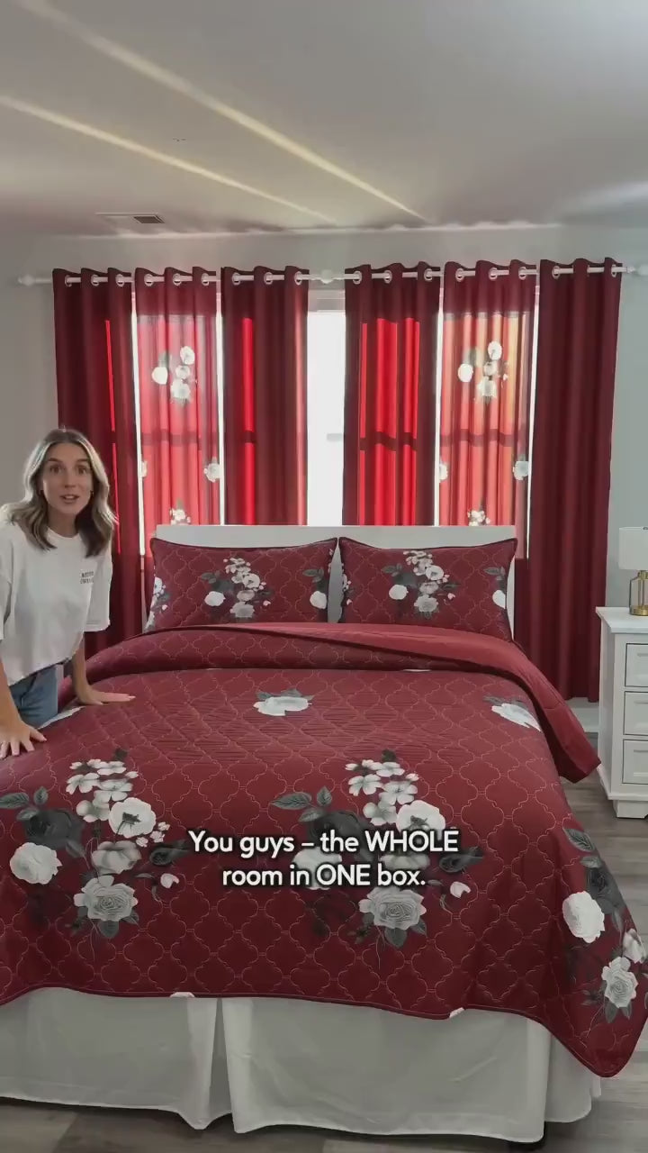 Red & White Floral Bedspread & Curtain Set – 9 Pieces