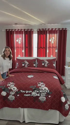 Red & White Floral Bedspread & Curtain Set – 9 Pieces