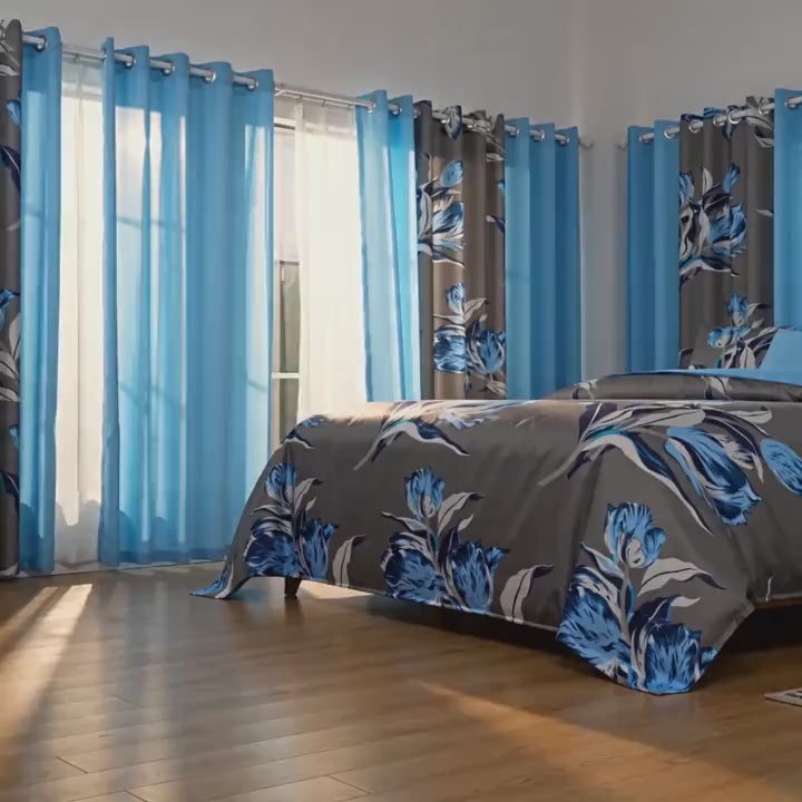 Charcoal & Blue Floral Bedspread & Curtain Set – 9 Pieces
