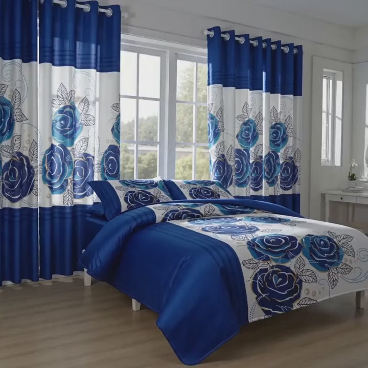 Royal Blue Rose Bedspread & Curtain Set – 9 Pieces