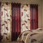 Burgundy & Gold Feather Bedspread & Curtain Set – 9 Pieces