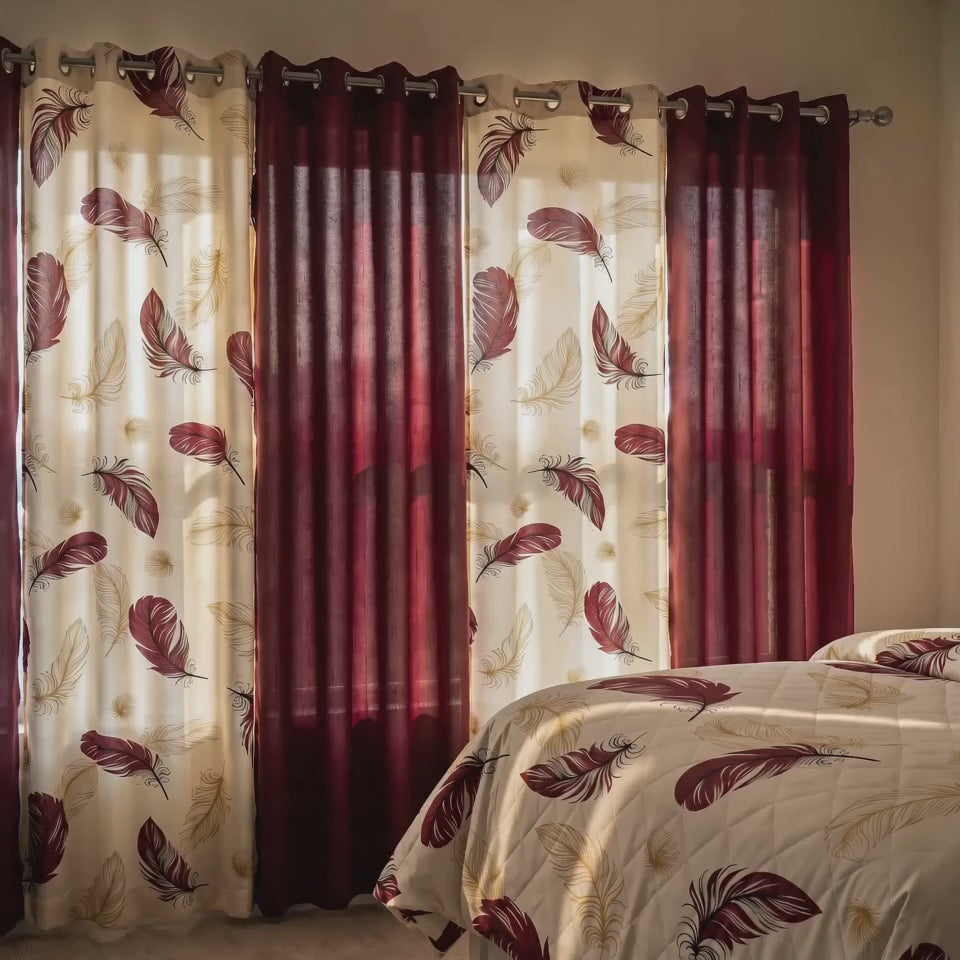 Burgundy & Gold Feather Bedspread & Curtain Set – 9 Pieces