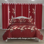 Red & Yellow Floral Bedspread & Curtain Set – 9 Pieces
