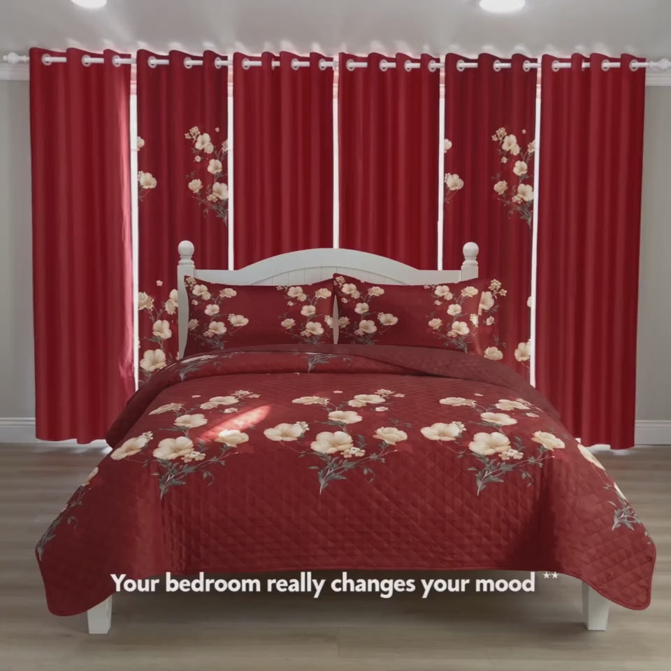Red & Yellow Floral Bedspread & Curtain Set – 9 Pieces