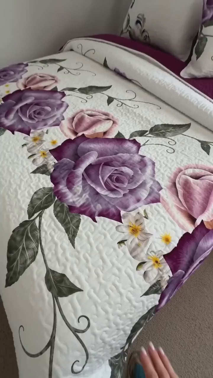 Purple Rose Floral Bedspread & Curtain Set – 9 Pieces