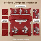 Nine-piece red and white floral set: one quilted bedspread, two printed pillow shams, four solid curtain panels and two printed curtain panels. Pillow inserts not included.
