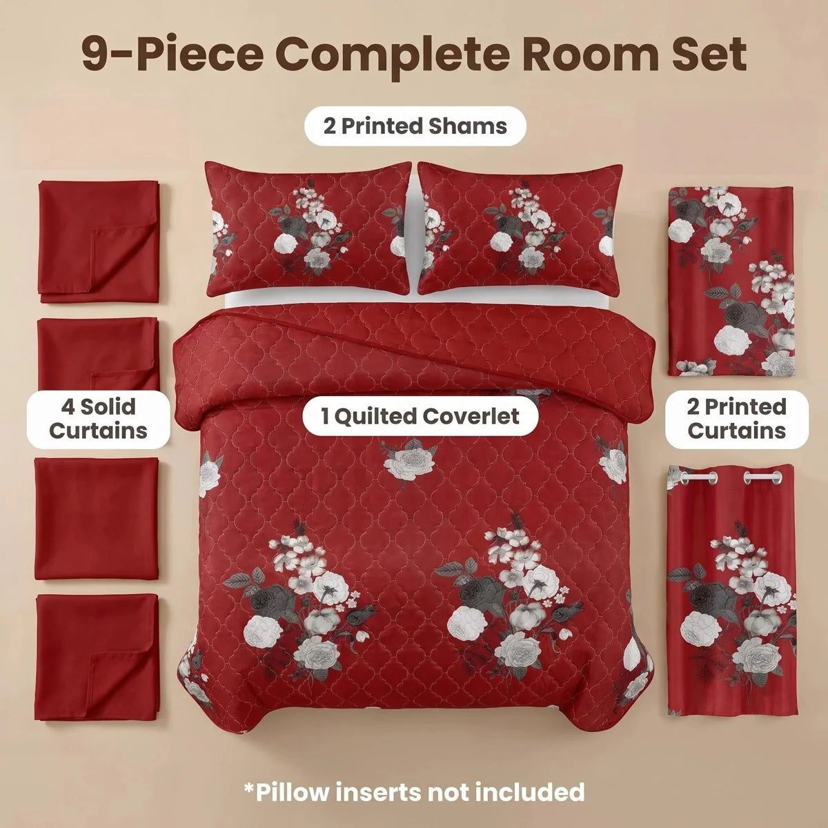 Nine-piece red and white floral set: one quilted bedspread, two printed pillow shams, four solid curtain panels and two printed curtain panels. Pillow inserts not included.