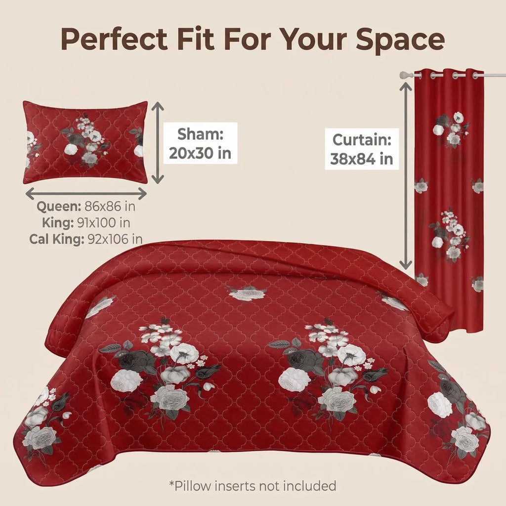 Red and white floral set size guide in inches: Queen 86 x 86, King 91 x 100, California King 92 x 106; shams 20 x 30 and each curtain panel 38 x 84.