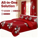 Red and white floral bedspread and curtain set with supplier-stated wrinkle-free, water-repellent and machine-wash features.