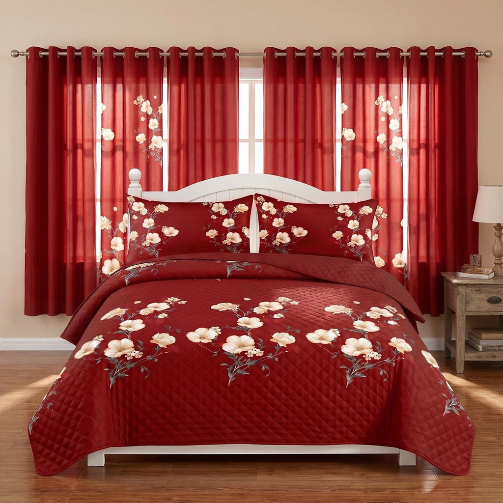 Red & Yellow Floral Bedspread & Curtain Set – 9 Pieces