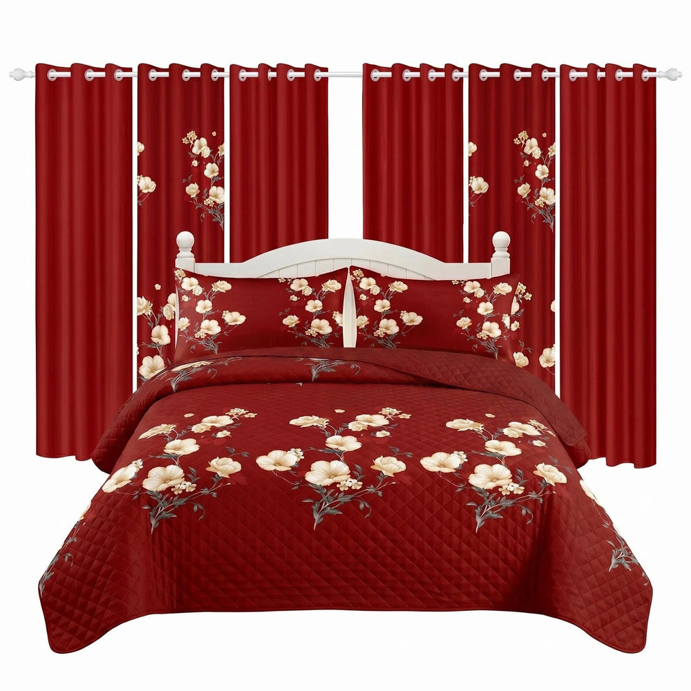Nine included pieces: one bedspread, two pillow shams and six curtain panels