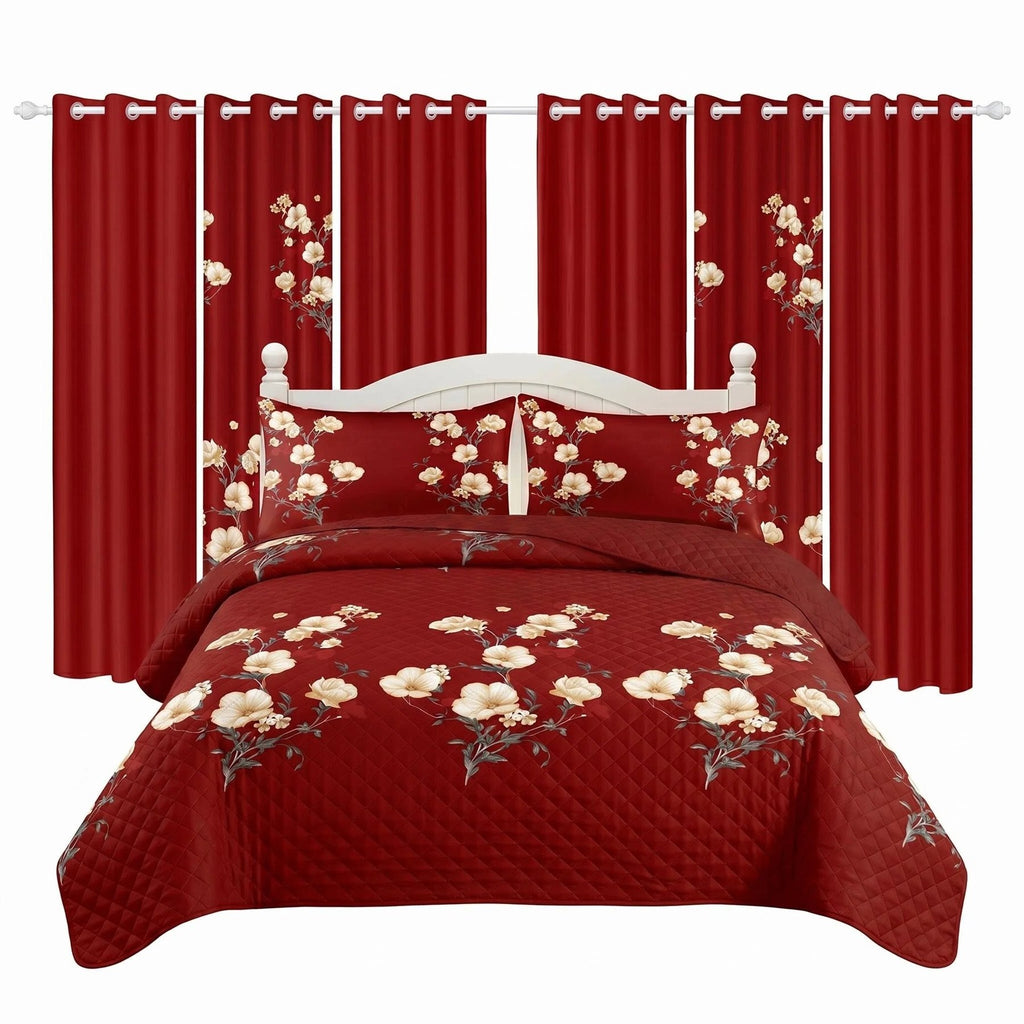 Red and yellow floral bedspread and two matching pillow shams with six coordinating curtain panels, arranged against a white background.