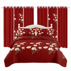 Red and yellow floral bedspread and two matching pillow shams with six coordinating curtain panels, arranged against a white background.